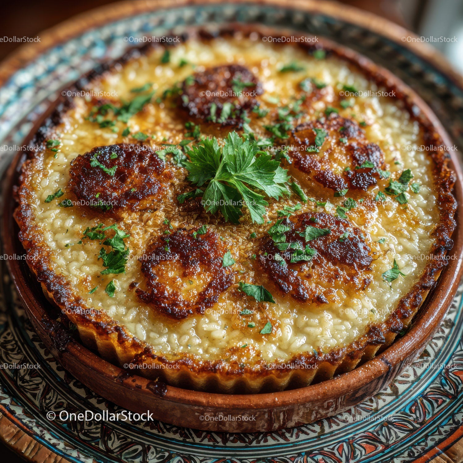 Seafood Shrimp Quiche with Fresh Herbs on Rustic Wooden Table