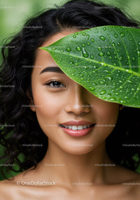 Young Woman Peeking Through Large Tropical Leaf with Bright Smile