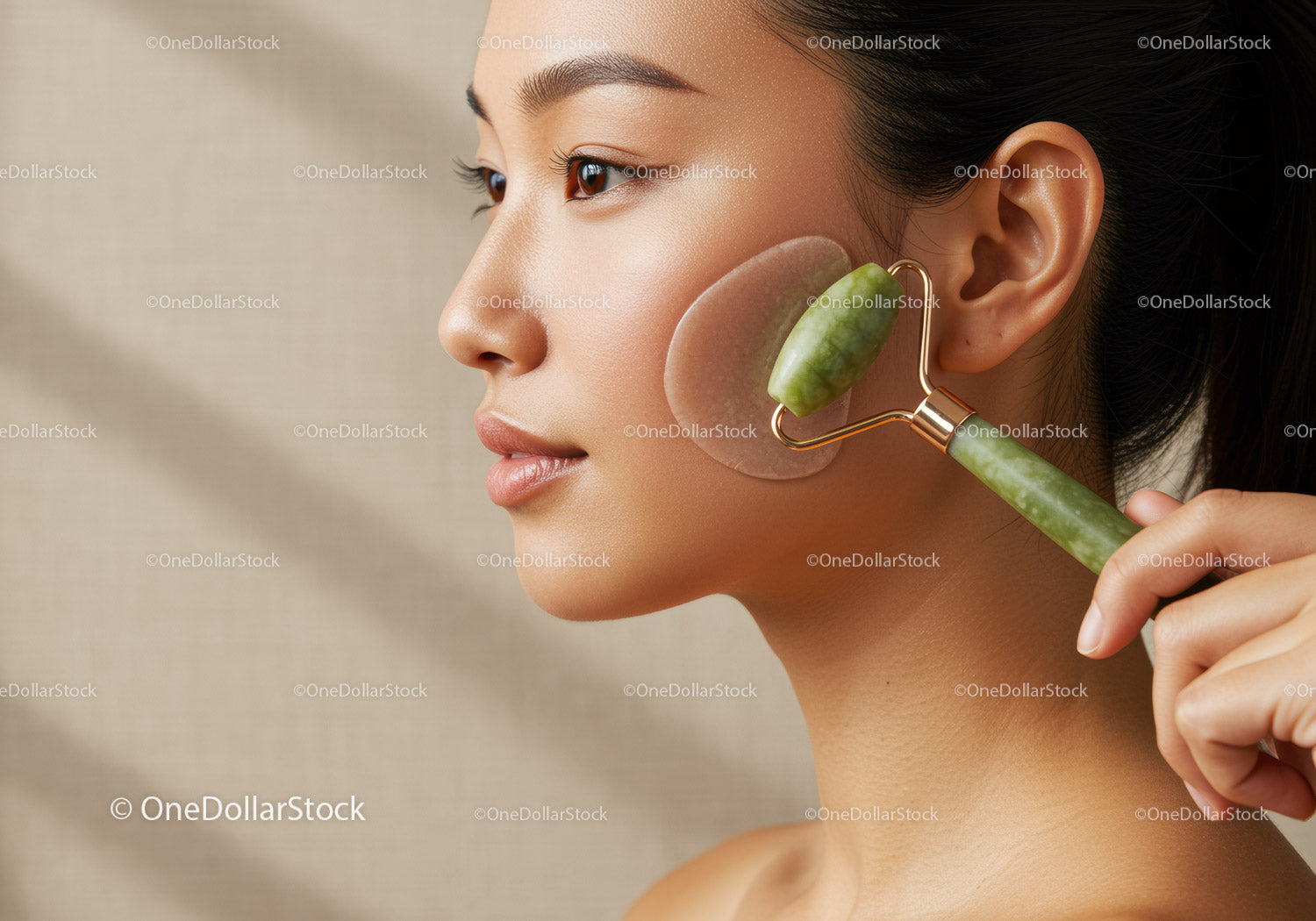 Woman Using Jade Roller for Facial Skincare Beauty Therapy