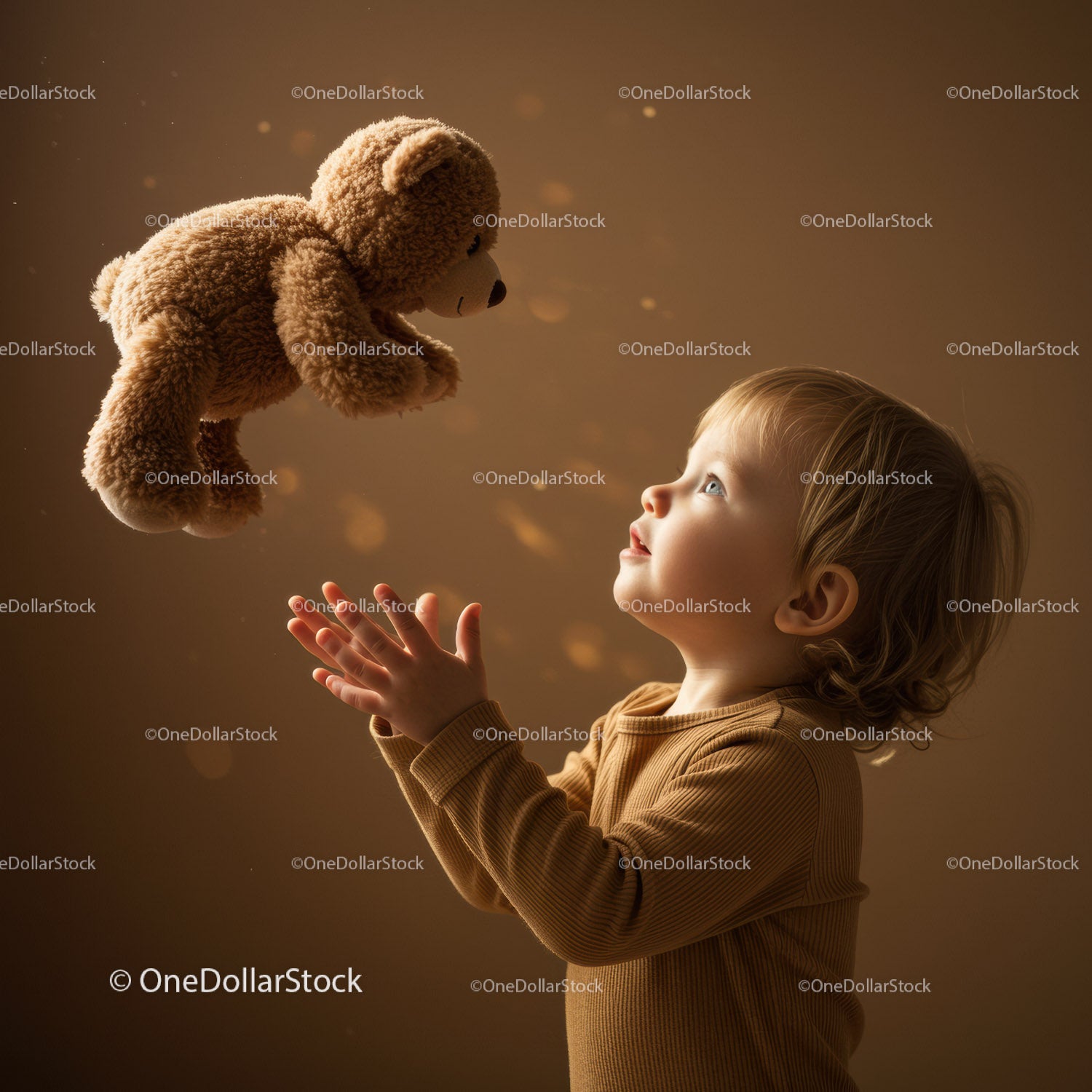 Toddler Reaching for Floating Teddy Bear in Soft Light