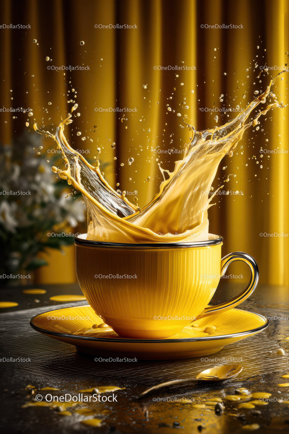 Yellow Coffee Cup with Splashing Coffee in a Vibrant Scene