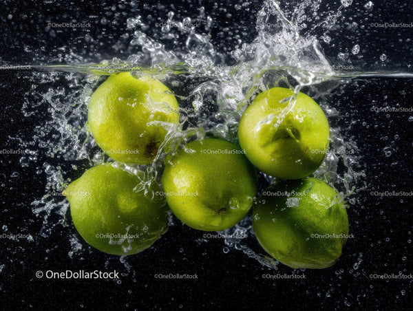 Green Apples Splashing Water Into Lake Creating Fresh Juicy Scene