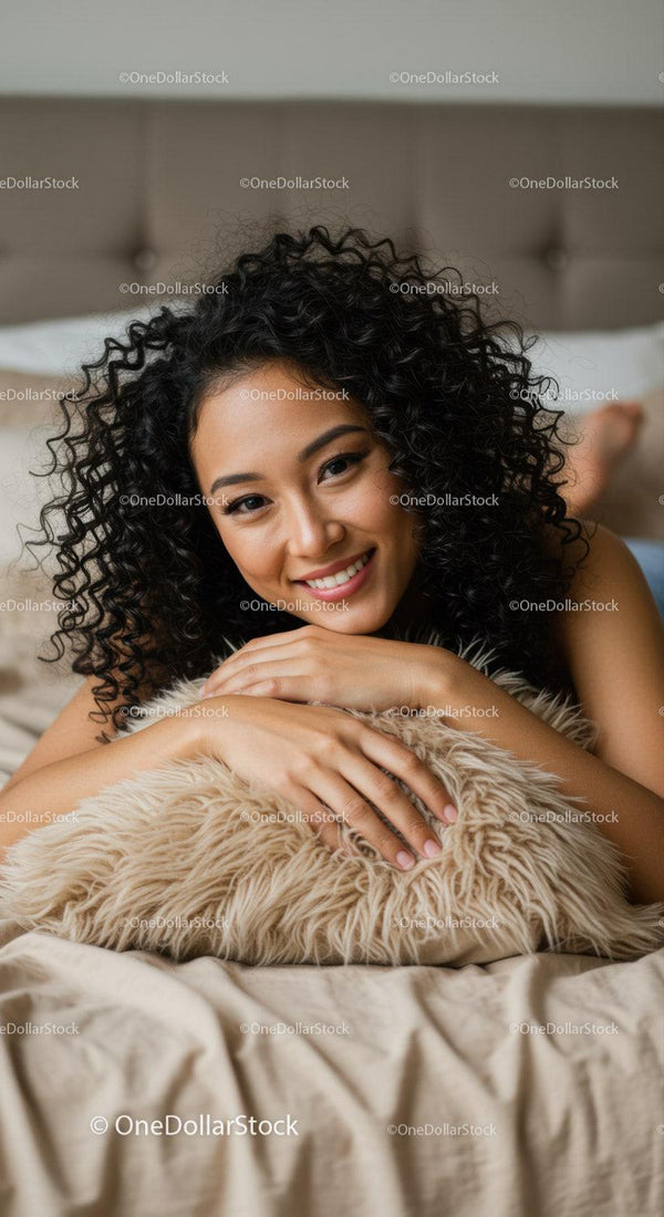 Smiling woman relaxing with fluffy pillow in cozy bedroom