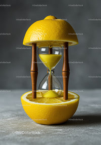 Creative hourglass with lemon halves and yellow sand