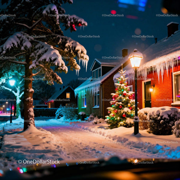 Cozy snow-covered street with decorated Christmas tree at night