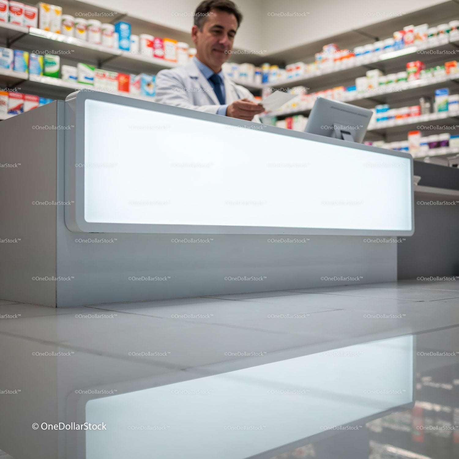 Farmaceuta sprawdzający receptę przy ladzie nowoczesnej apteki