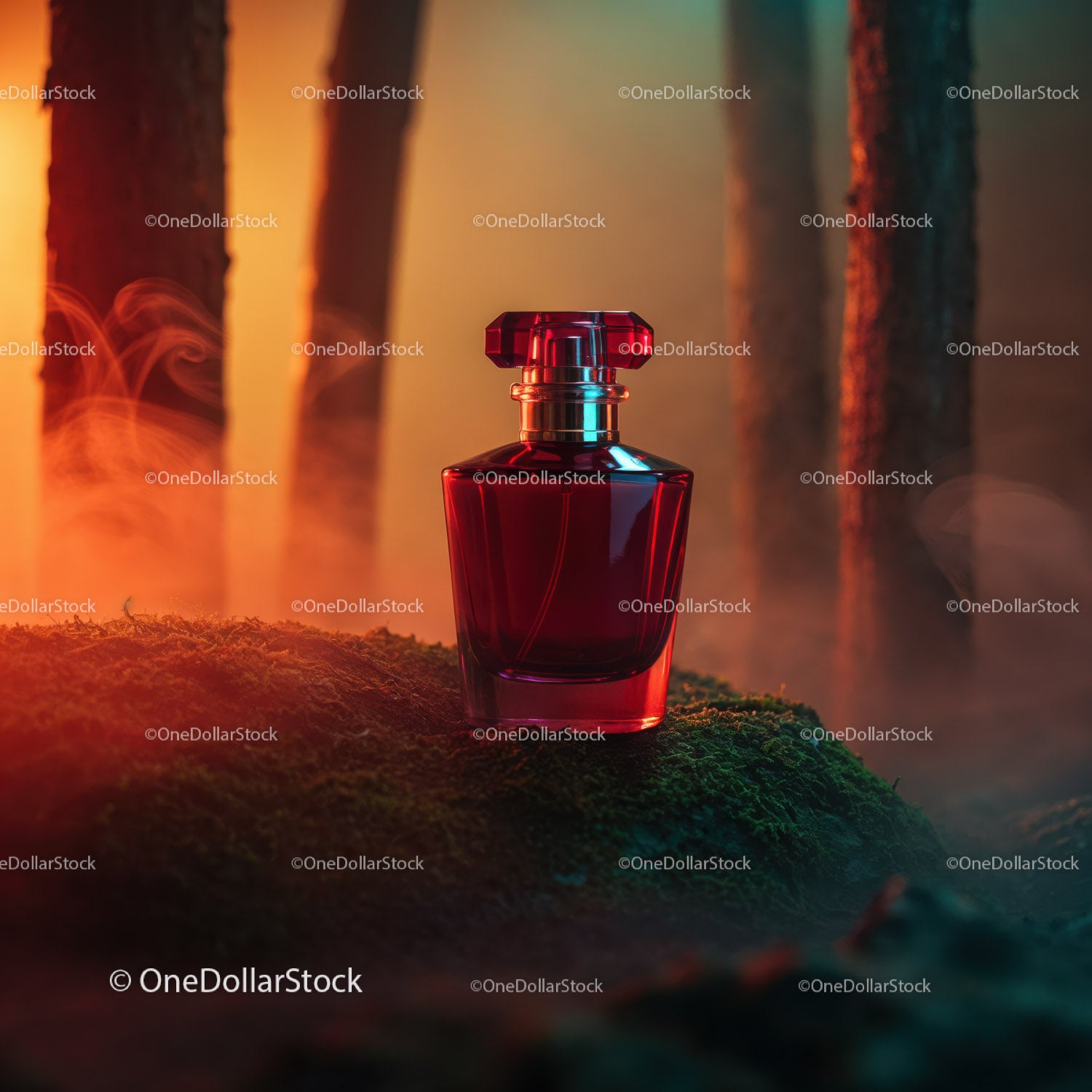 Luxury Red Perfume Bottle in Mystical Forest Scene