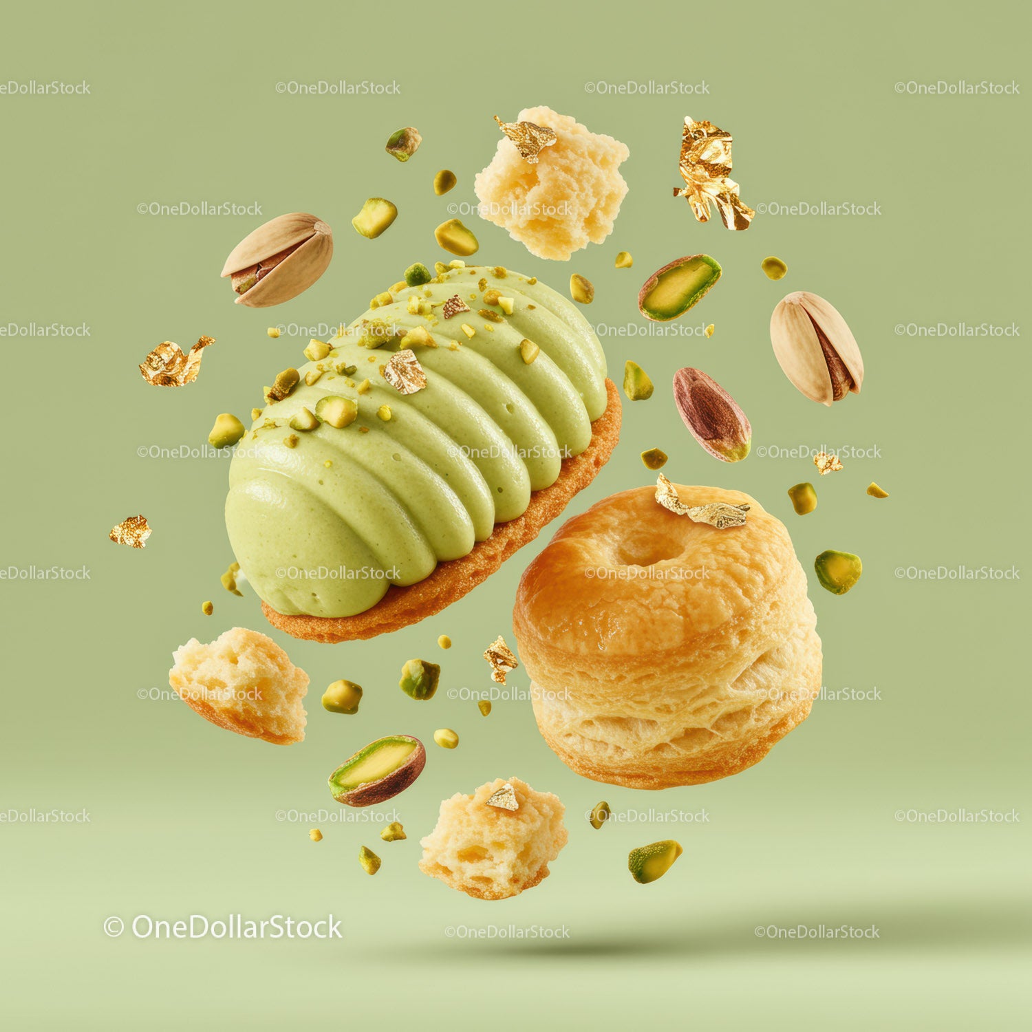 Elegant pistachio dessert with pastry and gold flakes
