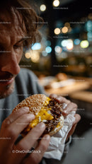 Man Eating Burger at Night with City Lights Bokeh