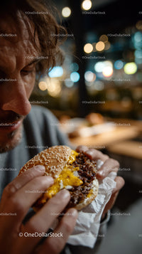 Man Eating Burger at Night with City Lights Bokeh