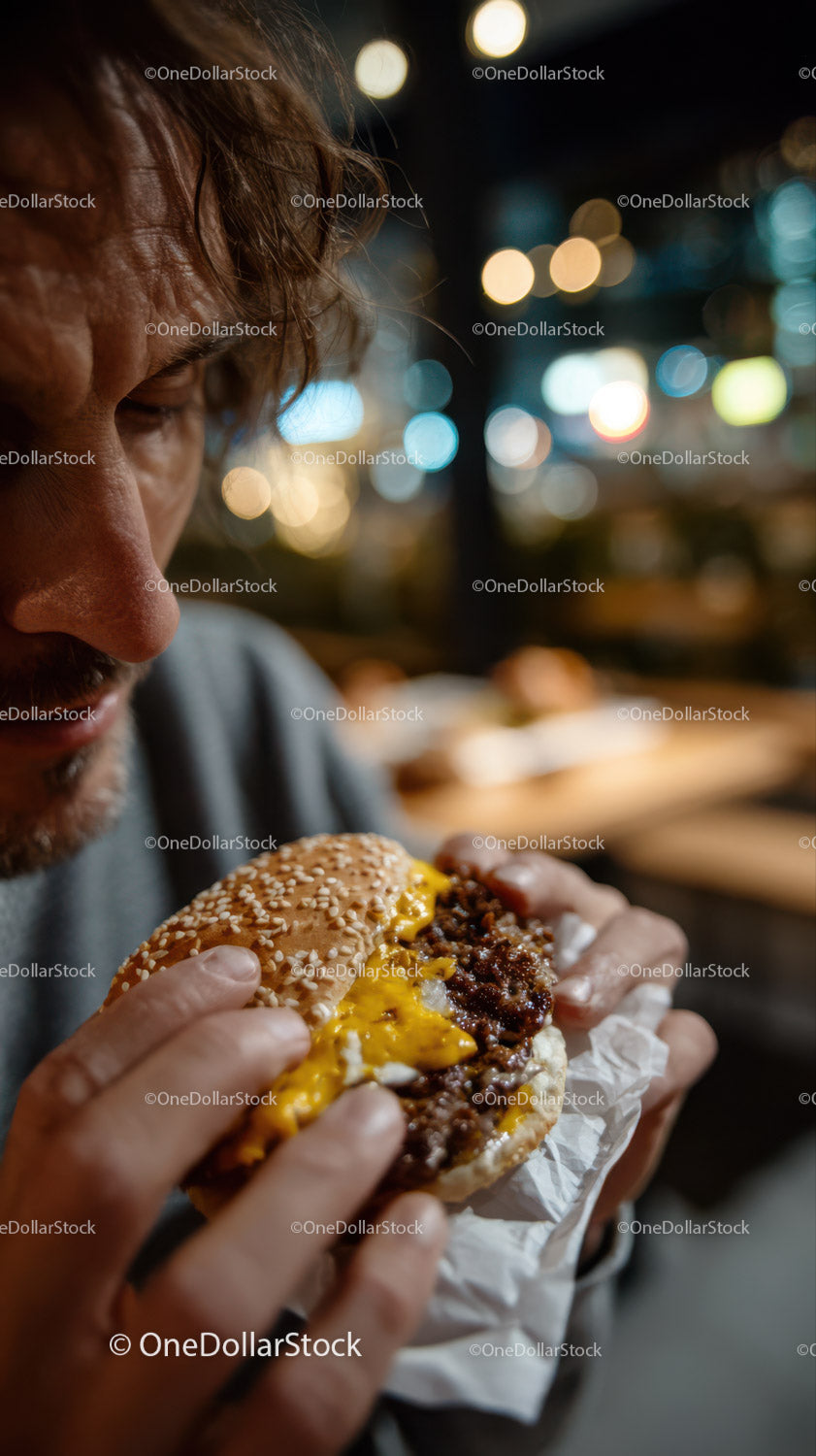 Man Eating Burger at Night with City Lights Bokeh