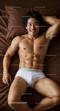 Smiling muscular man relaxing on brown bed sheets