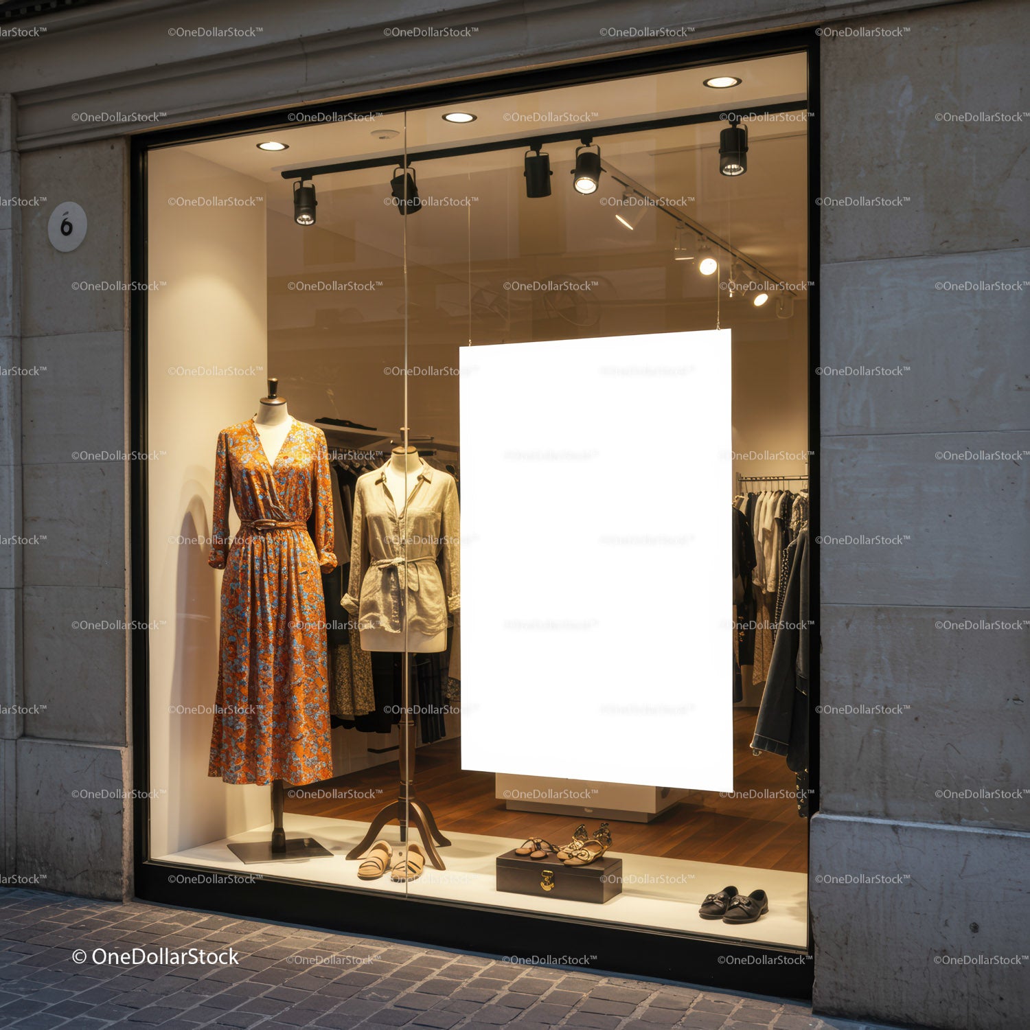 Elegant Dresses and Shoes Displayed in Boutique Window