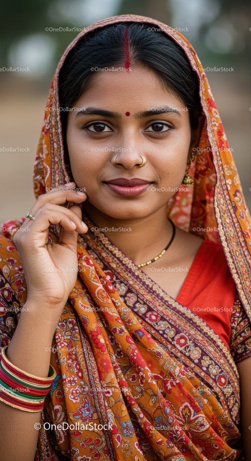 Colorful Indian Woman in Traditional Sari with Jewelry for Cultural Portrait