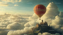 Hot Air Balloon Floating Past Medieval Castle Over Clouds