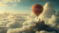 Hot Air Balloon Floating Past Medieval Castle Over Clouds