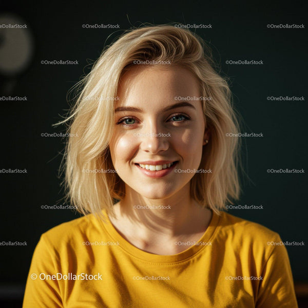 Młoda Kobieta Uśmiechnięta z Blond Włosami w Żółtej Koszulce