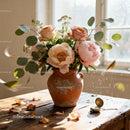 Delicate Peonies and Roses in Rustic Terracotta Vase