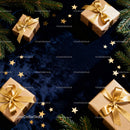 Golden Wrapped Gifts with Star Confetti and Pine Branches