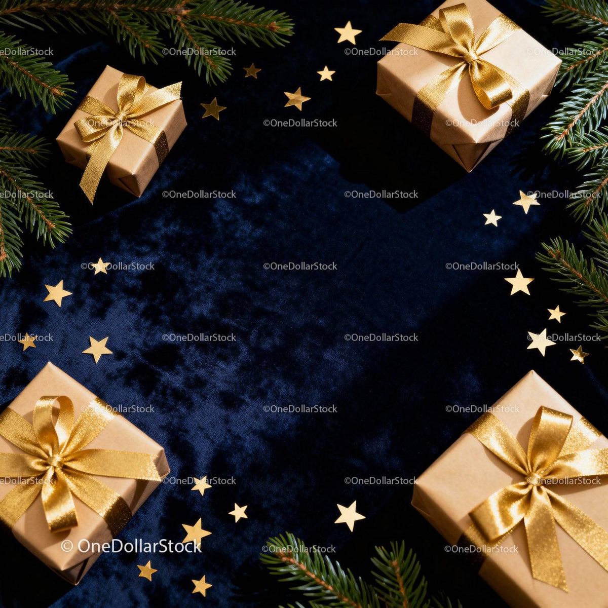 Golden Wrapped Gifts with Star Confetti and Pine Branches