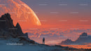 Astronaut Exploring a Surreal Alien Landscape with a Giant Orange Planet