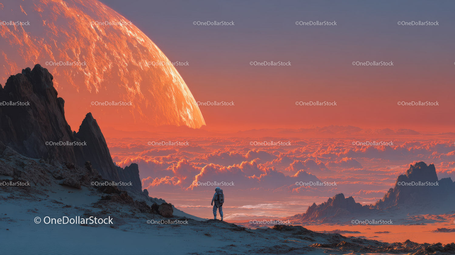 Astronaut Exploring a Surreal Alien Landscape with a Giant Orange Planet