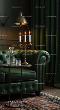 Elegant Green Leather Sofa with Candlelit Ambiance