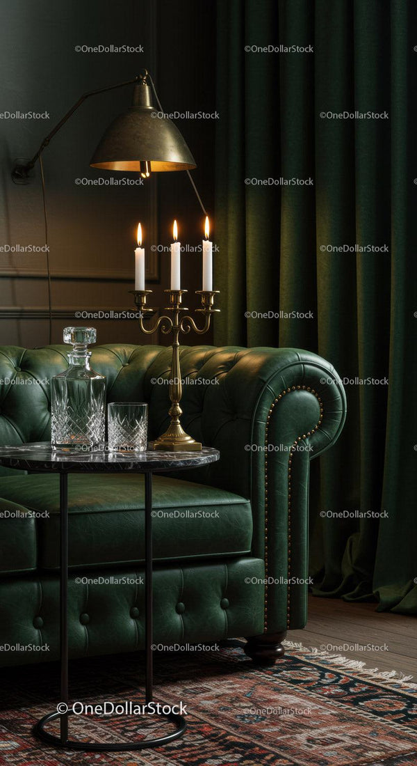 Elegant Green Leather Sofa with Candlelit Ambiance