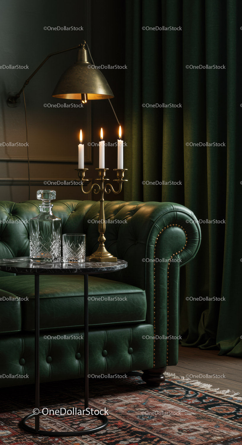 Elegancka zielona skórzana sofa w blasku świec