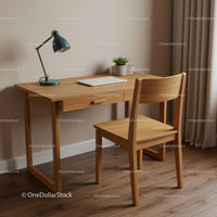 Modern Wooden Desk and Chair Set in Cozy Home Office Environment