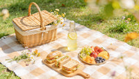 Fresh picnic setup with sandwiches and fruit plate