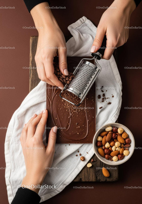 Chocolate Bar with Nut Toppings Being Grated for Dessert