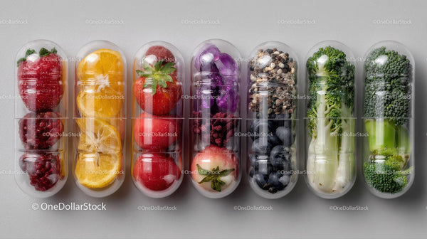 Colorful Assortment of Fresh Fruits in Capsules for Healthy Living