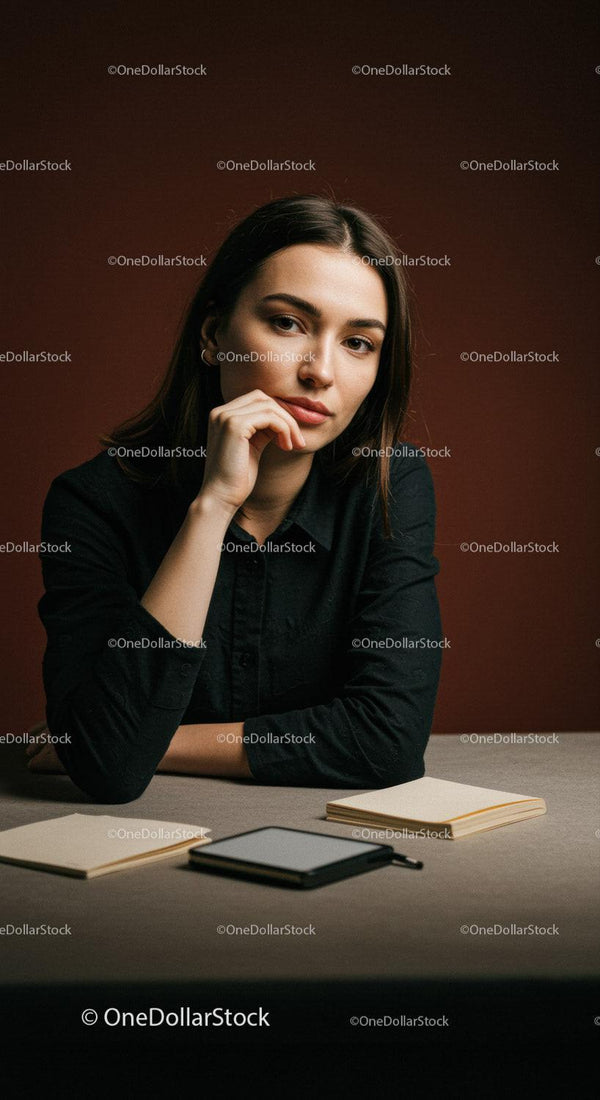 Portret pewnej siebie młodej kobiety w casualowej czarnej koszuli przy biurku