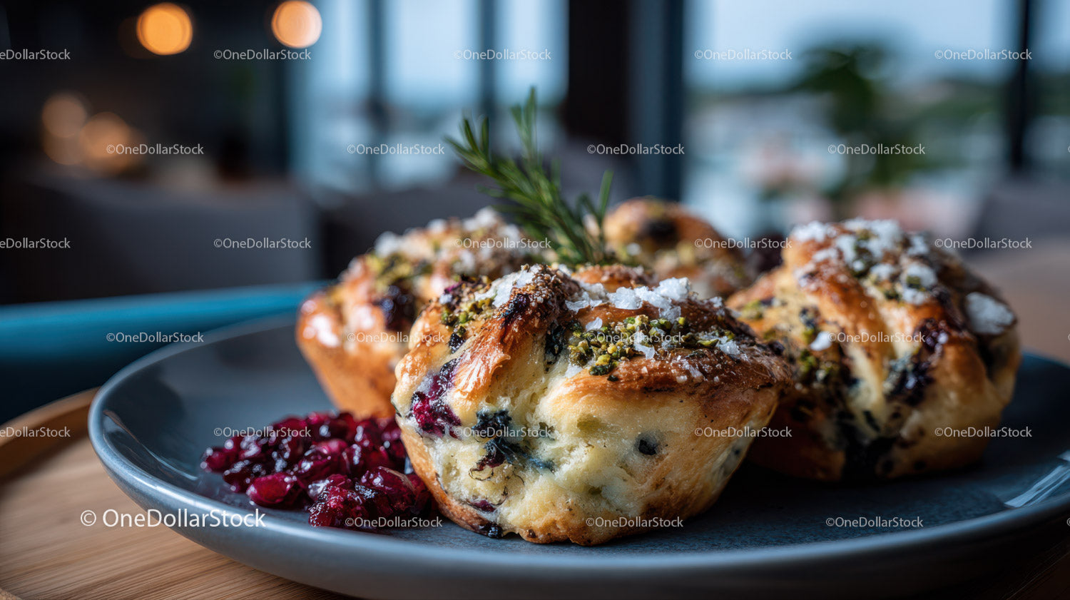 Blueberry Muffins with Rosemary Garnish and Berry Compote