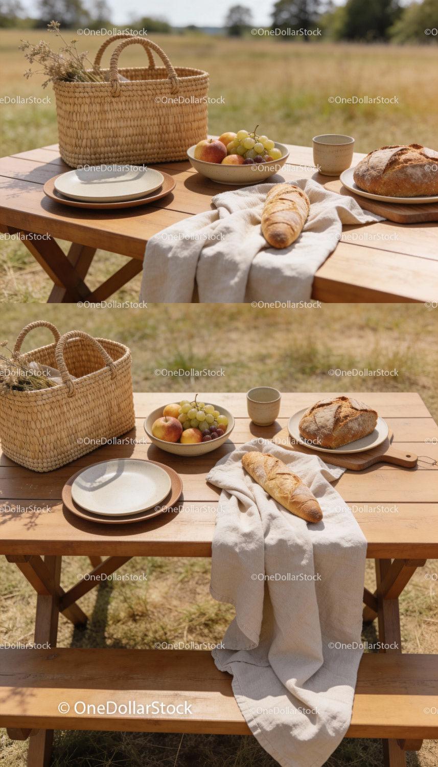 Rustic Picnic Table Set with Fresh Bread and Fruit
