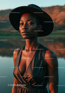 Elegant Woman in Black Dress with Scenic Water and Sunset Background