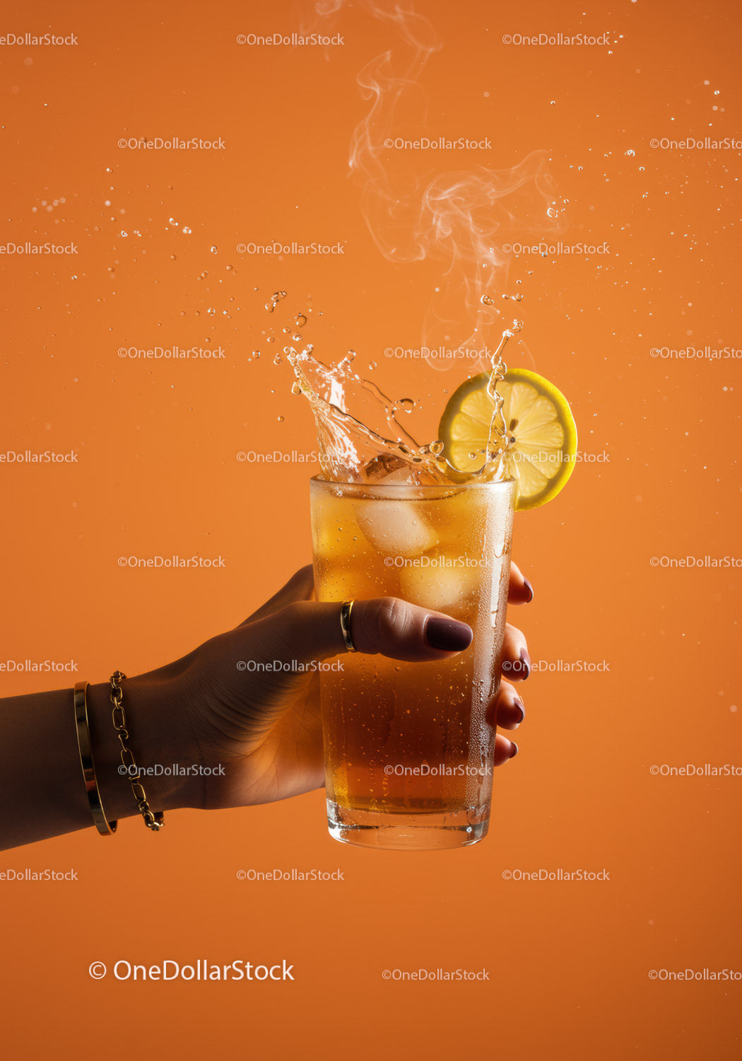 Refreshing iced tea with lemon slice and splash effect
