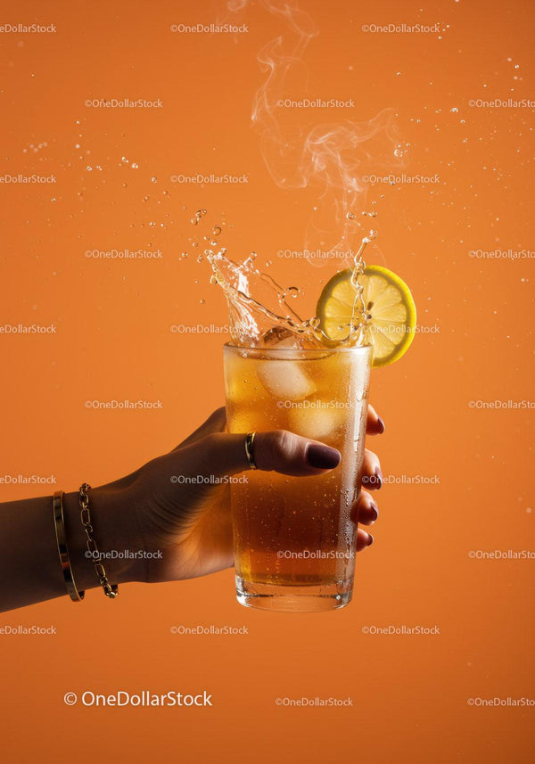 Refreshing iced tea with lemon slice and splash effect