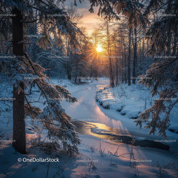 Serene Winter Sunset Over Frozen Forest Creek