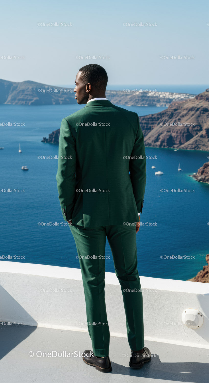 Man in Green Suit Overlooking Coastal Mediterranean View