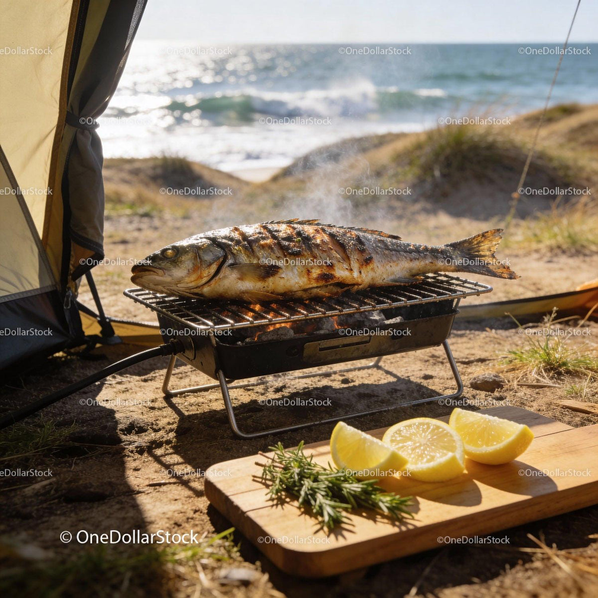 Grilled fish cooking on portable barbecue by the beach