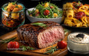 Juicy Grilled Beef Steak with Fresh Salad and Pasta