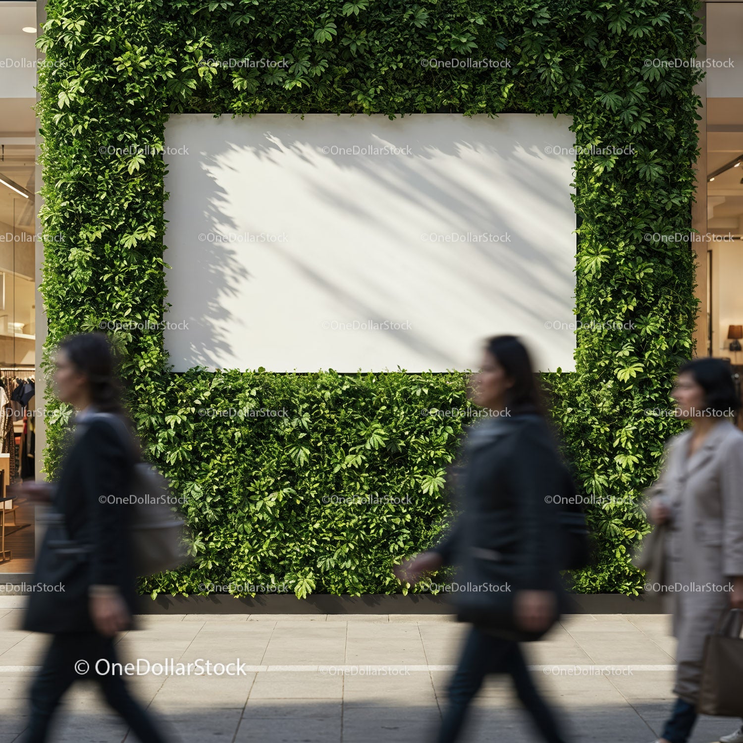 Blank urban billboard surrounded by lush green plants