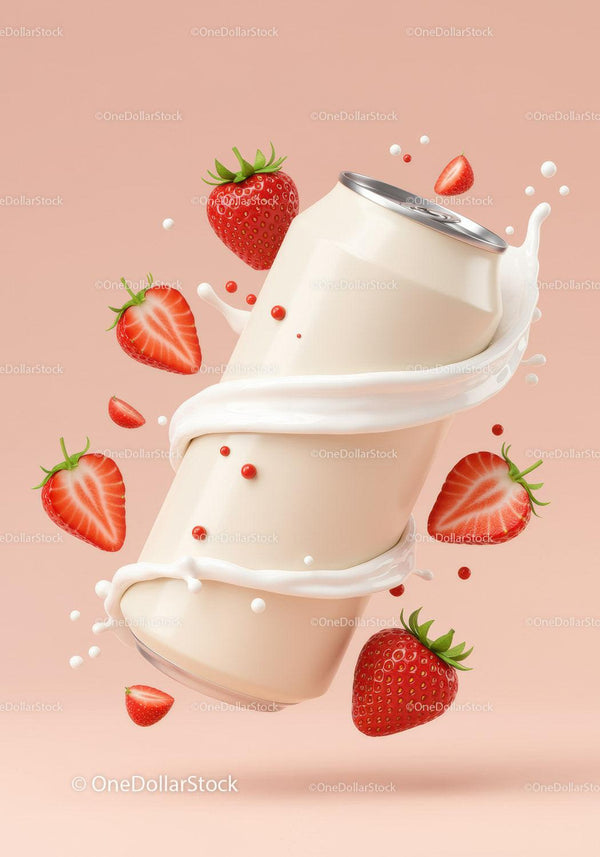 Refreshing strawberry milk splash around can JPG Mockup Image