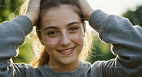 Young Woman Smiling Outdoors in Natural Sunlight With Green Foliage