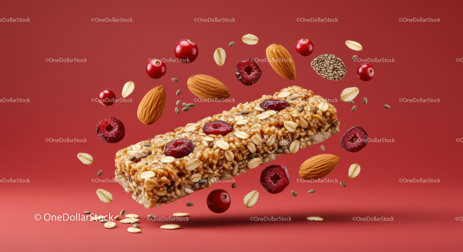 Zdrowy batonik granola z migdałami i żurawiną pływający w wodzie