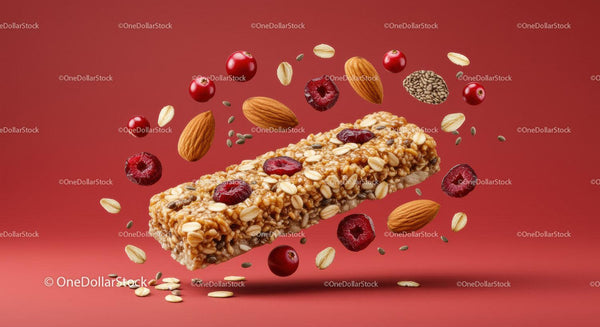 Healthy granola bar with almonds and cranberries floating