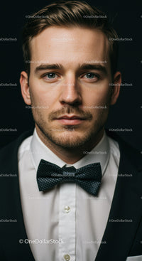 Closeup portrait of confident man in tuxedo and bow tie