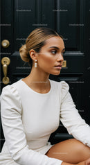 Elegant woman in white dress sitting by black door